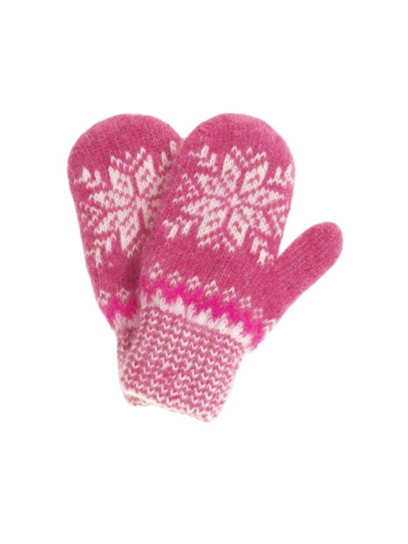 STP GOODS Raspberry Snowflake Wool Children's Mittens in Size 13 / 4-6 years Knit Mittens for Kids Winter Gloves for Girls Knit Glove, Pink and White