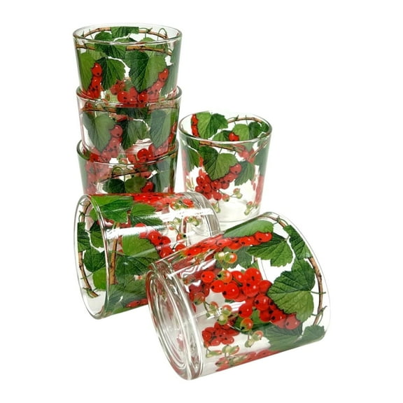 STP GOODS Red Currant Short Drinking Glass Set of 6 pcs 6.8 fl oz (200 ml) Glass Tumblers for Water Juice Milk Cocktail Water Glasses, Red Green Clear
