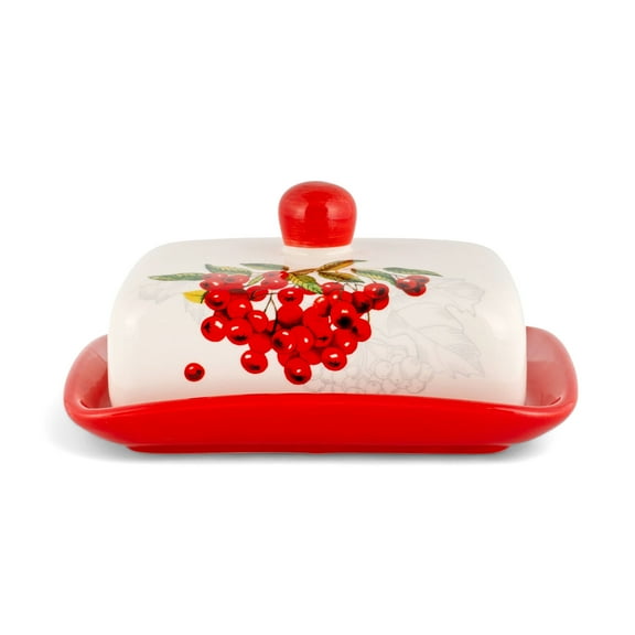 STP GOODS Red Viburnum Ceramic Butter Dish with Lid 6.7x5.1x2.2" (17x13x5.5 cm) Butter Holder Keeper Storage Container Butter Container for Countertop and Fridge, Red and White