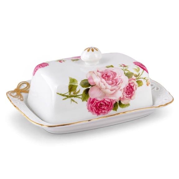 STP GOODS Rose Bow Ceramic Butter Dish with Lid 7.4x5.3" (18.8x13.5 cm) Floral Butter Holder Keeper Storage Container Butter Container for Countertop and Fridge, Pink and White