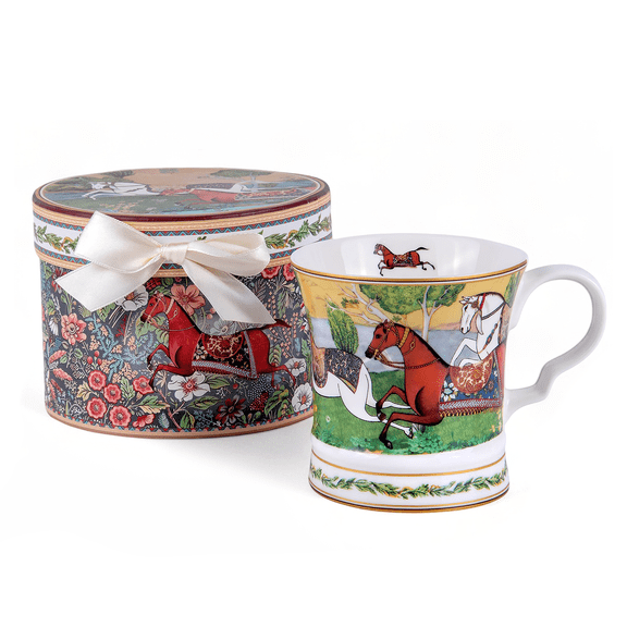STP GOODS Running Horse Bone China Mug in Gift Box 9.46 fl oz (280 ml) Coffee and Tea Mug for Latte Cocoa Chocolate, White Yellow Green