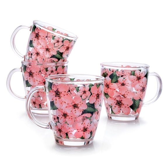 STP GOODS Sakura Glass Mug Set of 4 pcs 11.8 fl oz (350 ml) Tea Mugs for Hot Beverages Coffee and Tea Mugs for Latte Cocoa Chocolate Glass Drinkware, Service for 4, Pink Green Clear