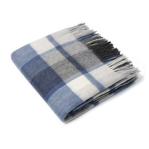 STP GOODS Scottish Plaid Wool Throw Blanket with Fringe 74.8x55.1" (190x140 cm) Tartan Throw Wrap Wool Blanket for Couch Sofa or Bed 100% Wool Throw, Blue and White