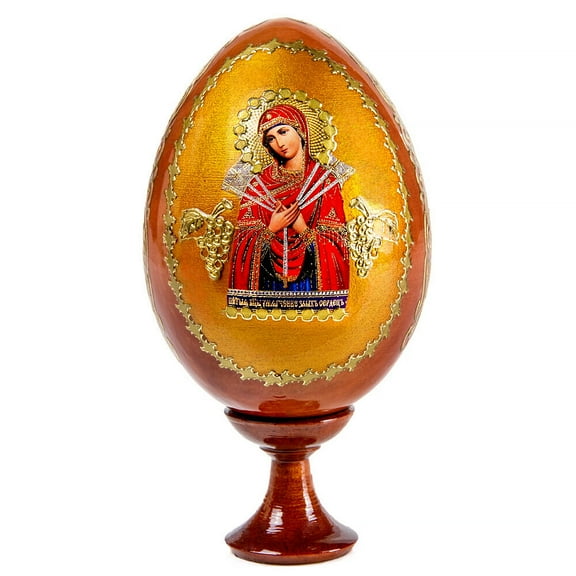 STP GOODS Seven Arrows Theotokos Handmade Wooden Lacquer Icon Egg on Stand 4.9'' (12.5 cm) Orthodox Icon Christian Icon with Gold Leaf Religious Gift