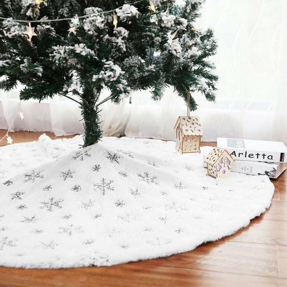 STP GOODS Silver Snowflakes Christmas Tree Plush Skirt 48” (122 cm) Faux Fur Xmas Tree Decorations, White