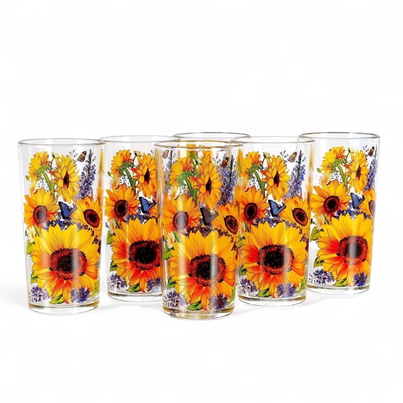 STP GOODS Sunflowers Drinking Glasses Set of 6 Pcs 7.8 fl oz (230) Glass Tumbler Set Tall Water Highball Glasses, Yellow and Orange