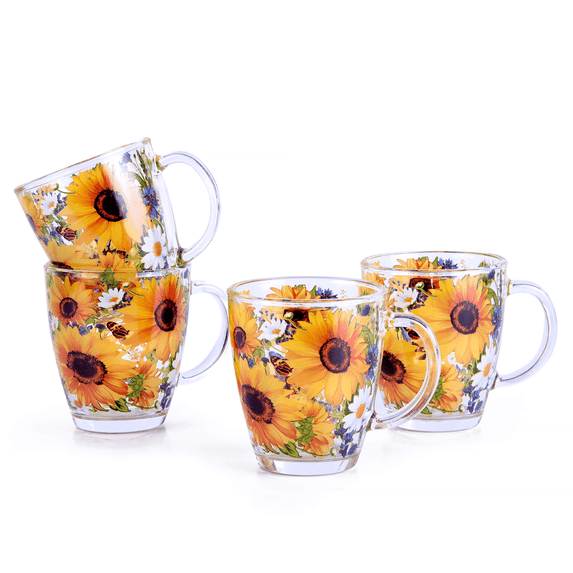 STP GOODS Sunflowers Glass Mug Set of 4 pcs 11.8 fl oz (350 fl oz) Tea Mugs for Hot Beverages Coffee and Tea Mugs for Latte Cocoa Chocolate Glass Drinkware