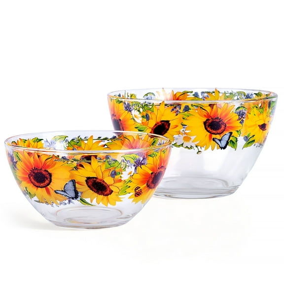 STP GOODS Sunflowers Glass Salad Bowl Set of 2 Pcs 23.7 fl oz and 50.7 fl oz Glass Serving Bowl Set Mixing Bowls for Cooking Prepping Glass Fruit Bowls Deep Bowl for Kitchen, Clear Yellow