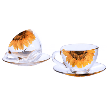 STP GOODS Sunflowers Glass Tea Cup and Saucer Set for Two 6.8 fl oz (200 ml) Kitchen Teacup Cup & Saucer Set Floral Glass Tea and Coffee Cup, Clear and Yellow