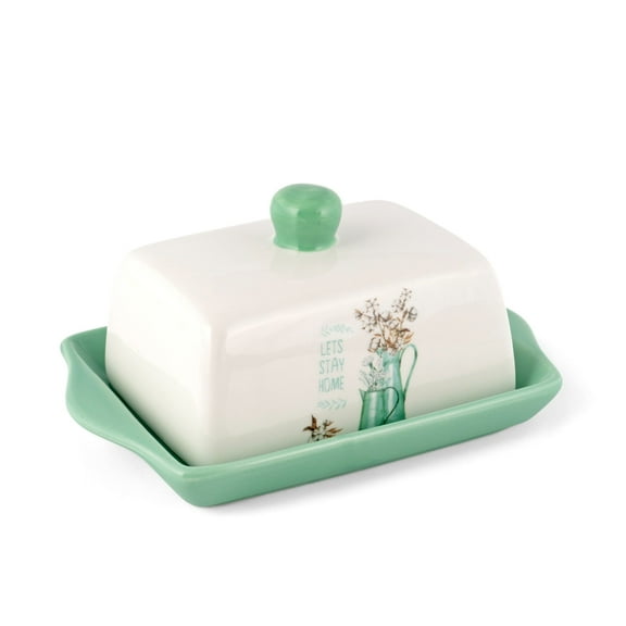 STP GOODS Teal Cottagecore Ceramic Butter Dish with Lid 6.7x4.7x3.15" (17x12x8 cm) Butter Holder Keeper Storage Container Butter Container for Countertop and Fridge, Mint and White