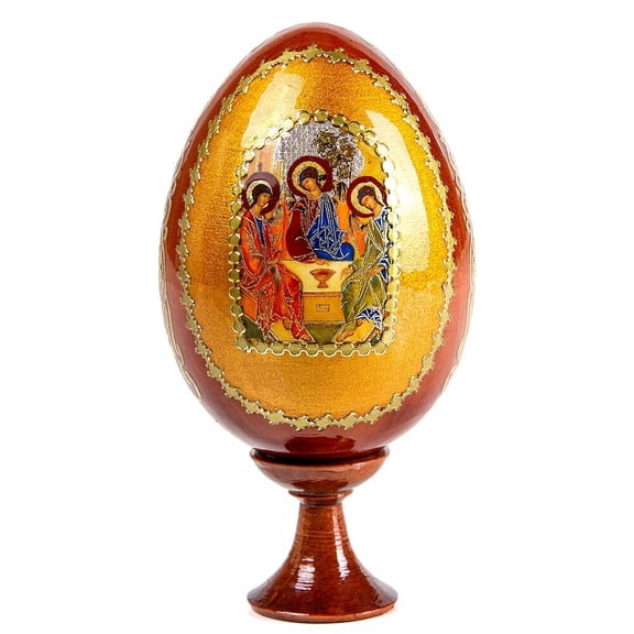 STP GOODS Trinity Handmade Wooden Lacquer Icon Egg on Stand 4.9'' (12.5 cm) Orthodox Icon Christian Icon Religious Gift