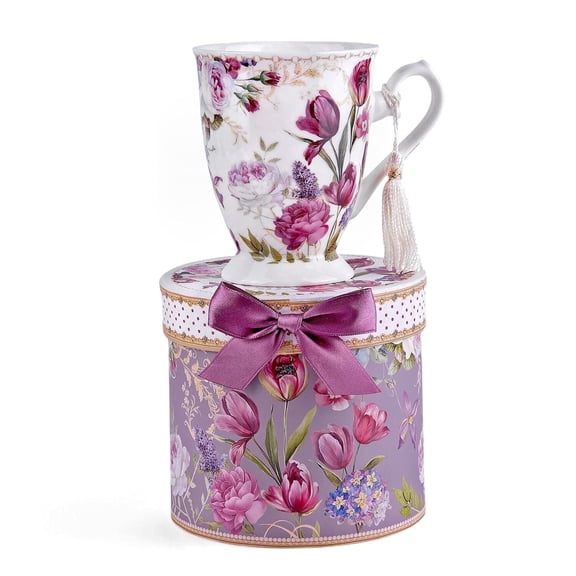 STP GOODS Tulip Bone China Mug in Gift Box 9.46 fl oz (280 ml) Floral Mug Coffee and Tea Mug for Latte Cocoa Chocolate, White and Purple