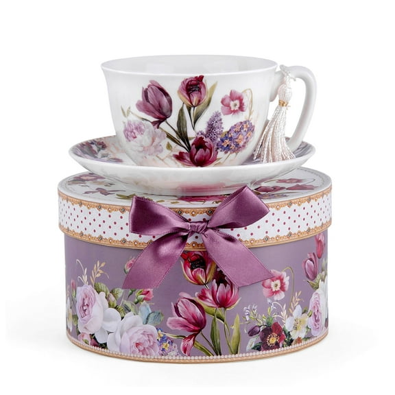 STP GOODS Tulip Bone China Tea Cup and Saucer Set for 1 in Gift Box 8.45 fl oz (250 ml) Kitchen Teacup Floral Porcelain Tea and Coffee Cup, White and Purple