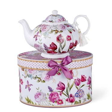 STP GOODS Tulip Bone China Teapot in Gift Box 33.8 fl oz (1 L) Floral Kitchen Teapot for Loose Tea Bone China Tea Pot Tea Brewer Tea and Coffee Pot Kettle for Blooming Teas, White Purple