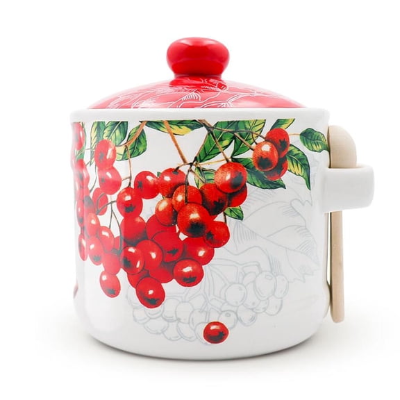 STP GOODS Viburnum Ceramic Honey Jar with Lid and Wooden Spoon 14.2 fl oz (420 ml) Honey Pot Storage Jar Storage Container for Home Kitchen, Red, Green, White