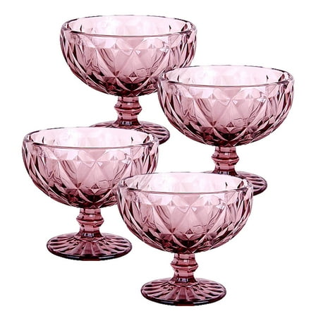STP GOODS Vintage Embossed Glass Dessert Bowl Set of 4 pcs 8.45 fl oz (250 ml) Glass Candy Bowl Serving Bowl with Stem Ice Cream Bowl for Pudding Fruit Snack Trifle Appetizes, Burgundy