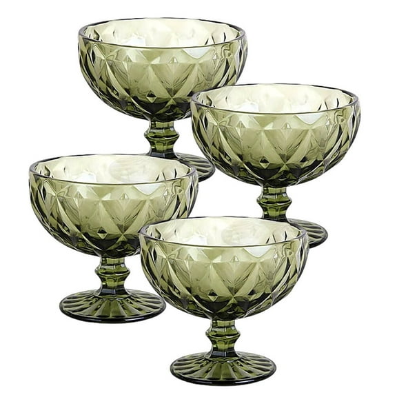 STP GOODS Vintage Embossed Glass Dessert Bowl Set of 4 pcs 8.45 fl oz (250 ml) Glass Candy Bowl Serving Bowl with Stem Ice Cream Bowl for Pudding Fruit Snack Trifle Appetizes, Green