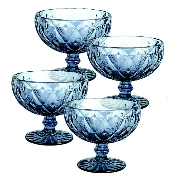 STP GOODS Vintage Embossed Glass Dessert Bowl Set of 4 pcs 8.45 fl oz (250 ml) Glass Candy Bowl Serving Bowl with Stem Ice Cream Bowl for Pudding Fruit Snack Trifle Appetizes, Blue