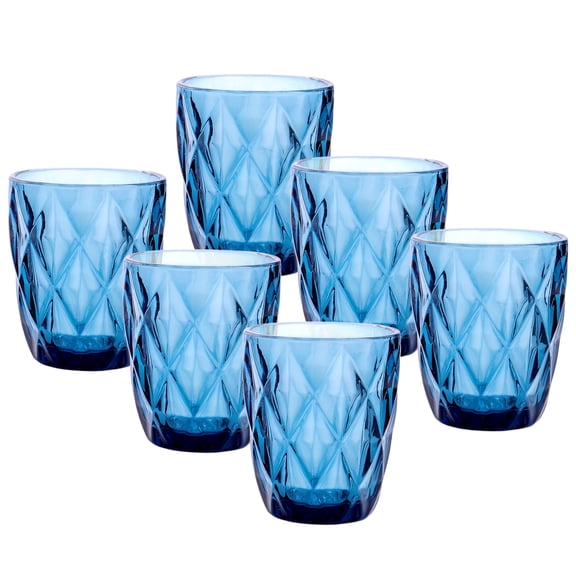 STP GOODS Vintage Embossed Glasses Set of 6 pcs 8.1 fl oz (240 ml) Glass Drinking Glasses Glass Tumbler Set of 6 Vintage Water Glasses Glassware for Water Cocktail, Blue