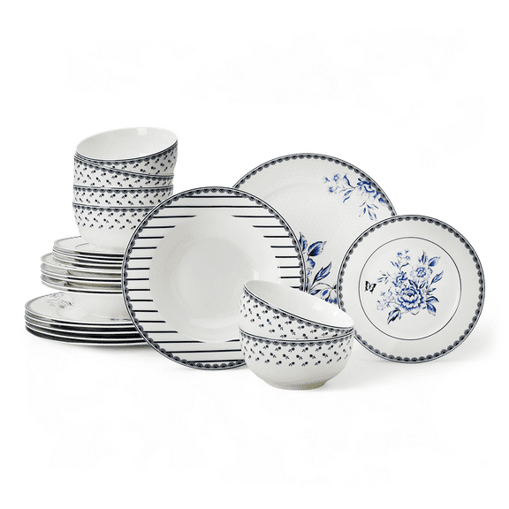 STP GOODS Vintage Indigo Porcelain Dinnerware Set of 24 pcs Service for 6 Porcelain Dish Set Tableware Set Plates and Bowls Plates Set, Blue and White