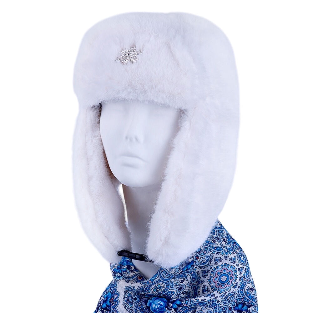 STP GOODS White Faux Rabbit Fur Women's Earflap Hat with Clasp Trapper Hat for Women Ushanka Hat with Brooch Aviator Trapper Hat Winter Hat with Earflaps, One Size