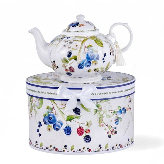 STP GOODS Wild Berries Bone China Teapot in Gift Box 33.8 fl oz (1 L) Kitchen Teapot for Loose Tea Bone China Tea Pot Tea Brewer Tea and Coffee Pot Kettle for Blooming Teas, White Blue Green