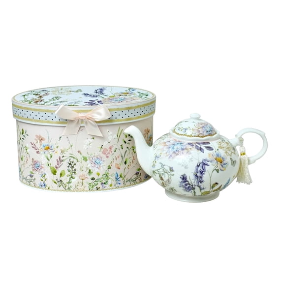 STP GOODS Wildflower Meadow Bone China Teapot in Gift Box 33.8 fl oz (1 L) Floral Kitchen Teapot for Loose Tea Bone China Tea Pot Tea Brewer Tea and Coffee Pot Kettle for Blooming Teas, White Purple