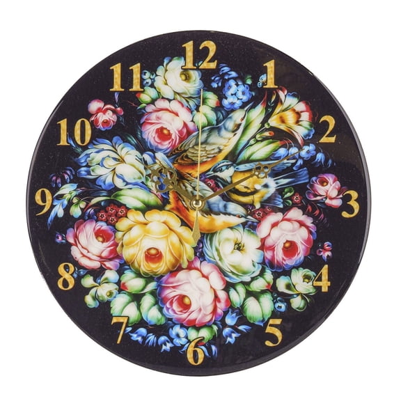 STP GOODS Zhostovo Flowers Round Wooden Wall Clock 11.4" (29 cm) Analog Clock with Arabic Numbers for Kitchen Home Office Bedrooms Decor Kitchen Battery Operated, Floral Pattern