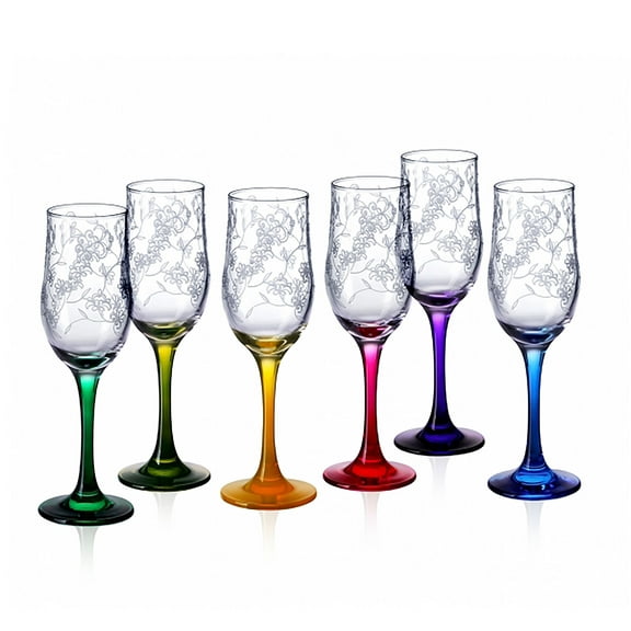 STP GOODS rimavera Wine Glass Set of 6 pcs 6.8 fl oz (200 ml) Floral Bar Glasses for Red and White Wine Glass Wine Goblets with Multicolored Stems Champagne Flutes, Clear