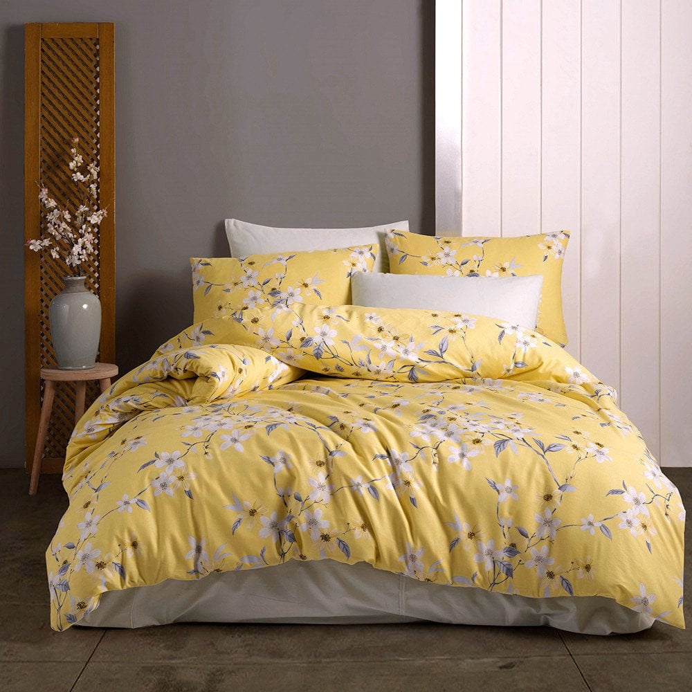 Yellow and Gray Floral Cotton King Duvet Cover Set