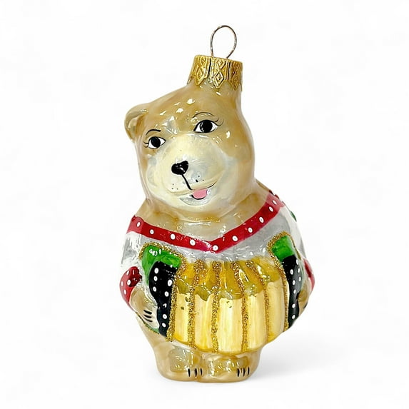 STP Goods Bear with Accordion Glass Christmas Ornament 3.9" (10 cm) Hand-Painted Christmas Tree Ornament Collectible Christmas Tree Hanging Decoration, Beige and Gold
