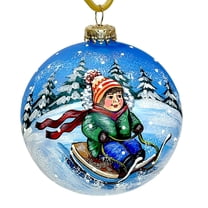 STP Goods Boy on Sled Glass Christmas Ball Ornament 3.9" (10 cm) Hand-Painted Christmas Tree Ornament Collectible Christmas Tree Hanging Decoration Blue Green