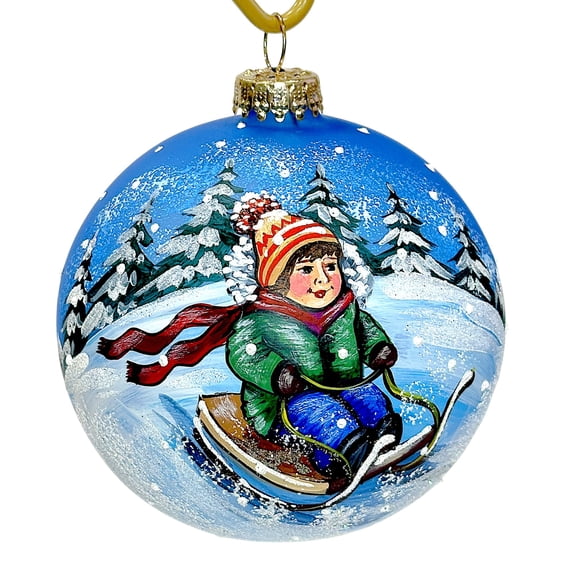 STP Goods Boy on Sled Glass Christmas Ball Ornament 3.9" (10 cm) Hand-Painted Christmas Tree Ornament Collectible Christmas Tree Hanging Decoration Blue Green