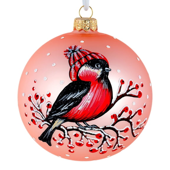 STP Goods Bullfinch in Hat Christmas Ball Ornament in Gift Box 3.9" (10 cm) Hand-Painted Christmas Tree Ornament Collectible Christmas Tree Hanging Decoration, Red