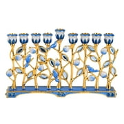 STP Goods Flowers Enamel Menorah with Gold Plating in Gift Box 7.9x4.7" (20x12 cm) Judaica Hanukkah Menorah Hand-Painted Artistic Menorah Metal Candelabra with Jeweled Accents, Blue and Gold