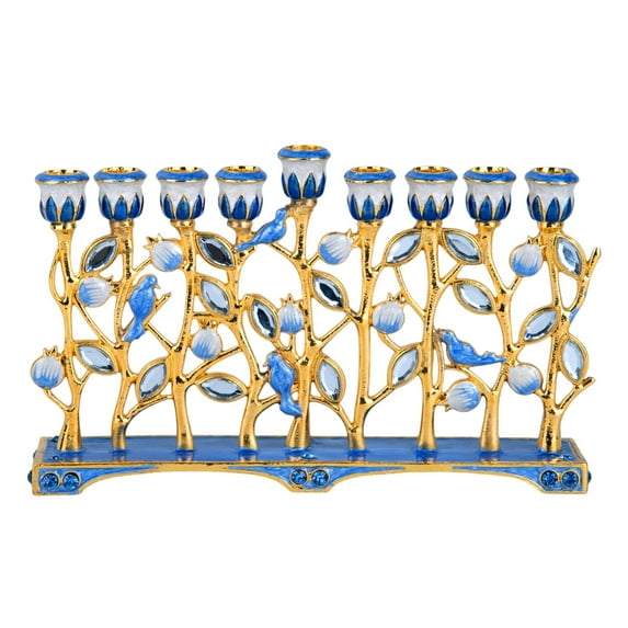 STP Goods Flowers Enamel Menorah with Gold Plating in Gift Box 7.9x4.7" (20x12 cm) Judaica Hanukkah Menorah Hand-Painted Artistic Menorah Metal Candelabra with Jeweled Accents, Blue and Gold
