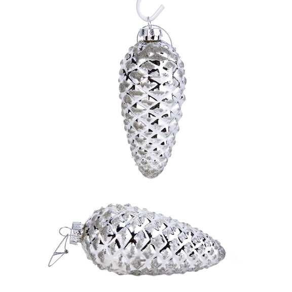STP Goods Pine Cone Silver Glass Christmas Tree Ornament Set of 2 - 2.2 5.3"