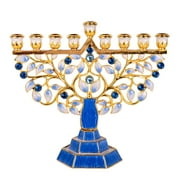 STP Goods Pomegranate Tree Enamel Menorah with Gold Plating in Gift Box 6.9" (17.5 cm) Judaica Hanukkah Menorah Hand-Painted Artistic Menorah Metal Candelabra with Jeweled Accents, Blue and Gold