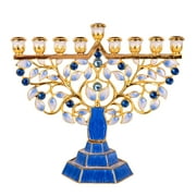 STP Goods Pomegranate Tree Enamel Menorah with Gold Plating in Gift Box 6.9" (17.5 cm) Judaica Hanukkah Menorah Hand-Painted Artistic Menorah Metal Candelabra with Jeweled Accents, Blue and Gold