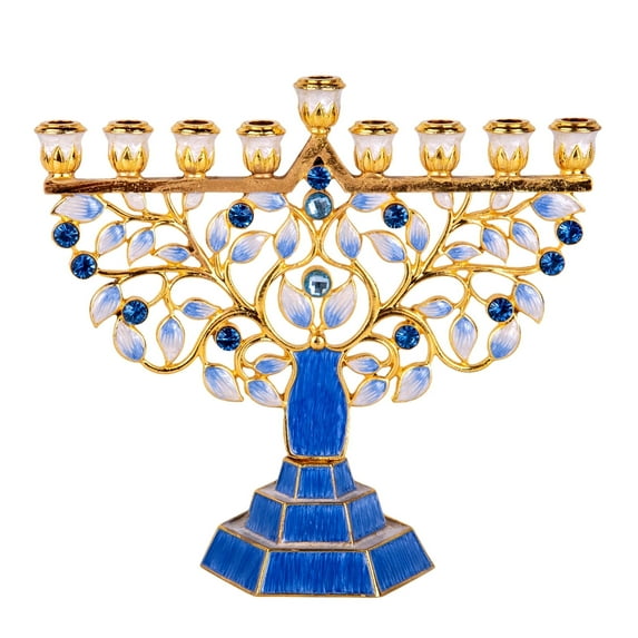 STP Goods Pomegranate Tree Enamel Menorah with Gold Plating in Gift Box 6.9" (17.5 cm) Judaica Hanukkah Menorah Hand-Painted Artistic Menorah Metal Candelabra with Jeweled Accents, Blue and Gold