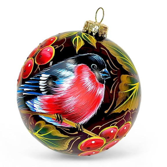STP Goods Rowanberry Bullfinch Glass Christmas Ball Ornament with Panoramic Design 3.9" (10 cm) Hand-Painted Christmas Tree Ornament Collectible Christmas Tree Hanging Decoration, Burgundy Green