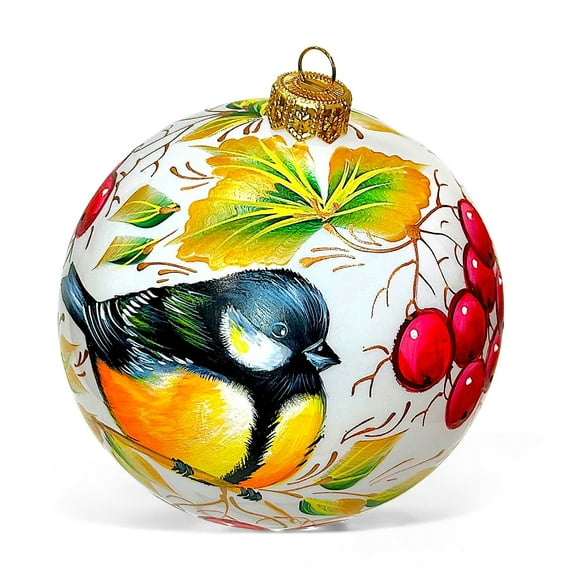 STP Goods Rowanberry Chickadee Glass Christmas Ball Ornament with Panoramic Design 3.9" (10 cm) Hand-Painted Christmas Tree Ornament Collectible Christmas Tree Hanging Decoration, Yellow White Green