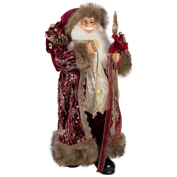 STP Goods Santa Claus with Staff Collectible Doll 24" (60 cm) Santa Claus Christmas Figurine Holiday Décor Xmas Standing Decoration Xmas Figure Doll Decoration, Red and Gold