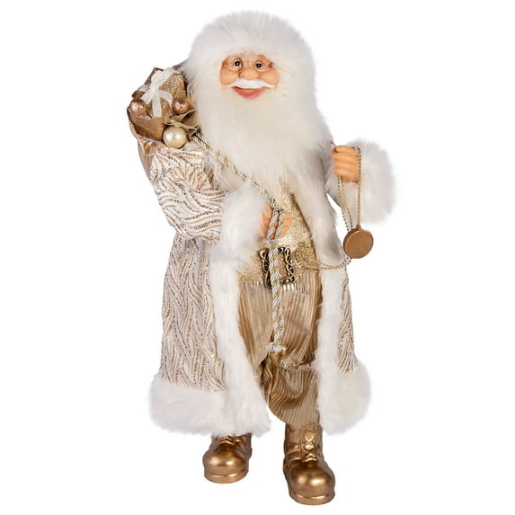 STP Goods Santa Claus with Watch and Gift Bag Collectible Doll 24” (60 cm) Santa Claus Christmas Figurine Holiday Décor Xmas Standing Decoration Xmas Figure Doll Decoration, Gold and White
