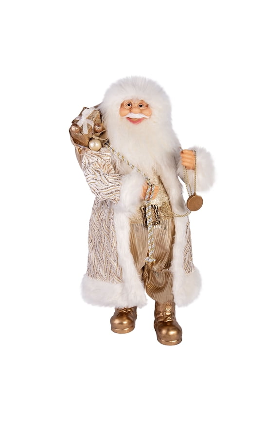 STP Goods Santa Claus with Watch and Gift Bag Collectible Doll 24” (60 cm) Santa Claus Christmas Figurine Holiday Décor Xmas Standing Decoration Xmas Figure Doll Decoration, Gold and White