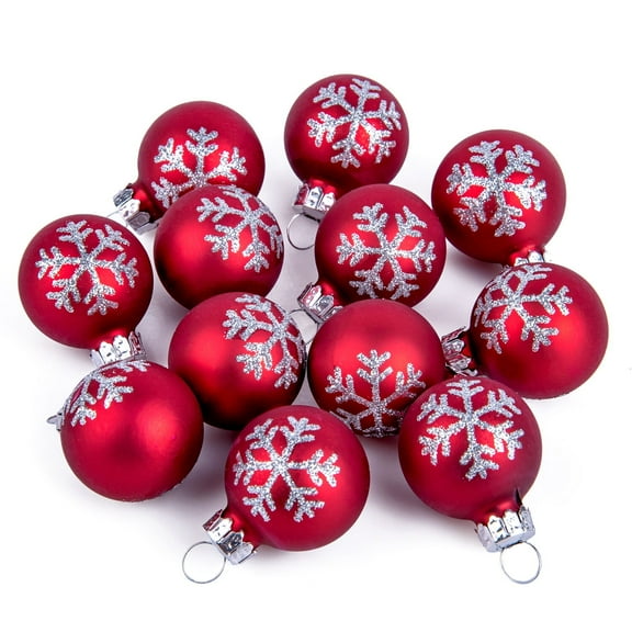 STP Goods Snowflake Glass Christmas Ball Ornament Set of 12 Pcs 1.6" (4 cm) Small Christmas Tree Ornament Glass Christmas Tree Hanging Decoration Holiday Décor, Red and Silver