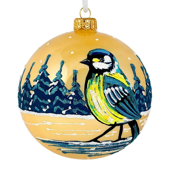 STP Goods Titmouse Christmas Ball Ornament in Gift Box 3.9" (10 cm) Hand-Painted Christmas Tree Ornament Collectible Christmas Tree Hanging Decoration, Yellow