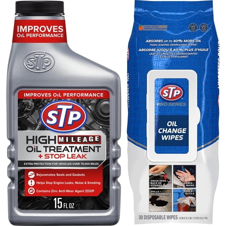 STP High Mileage Oil Treatment + Stop Leak Engine Oil Additive with Bonus Oil Change Wipes, 2-Piece Bundle