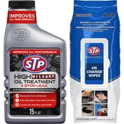 STP High Mileage Oil Treatment + Stop Leak Engine Oil Additive with Bonus Oil Change Wipes, 2-Piece Bundle