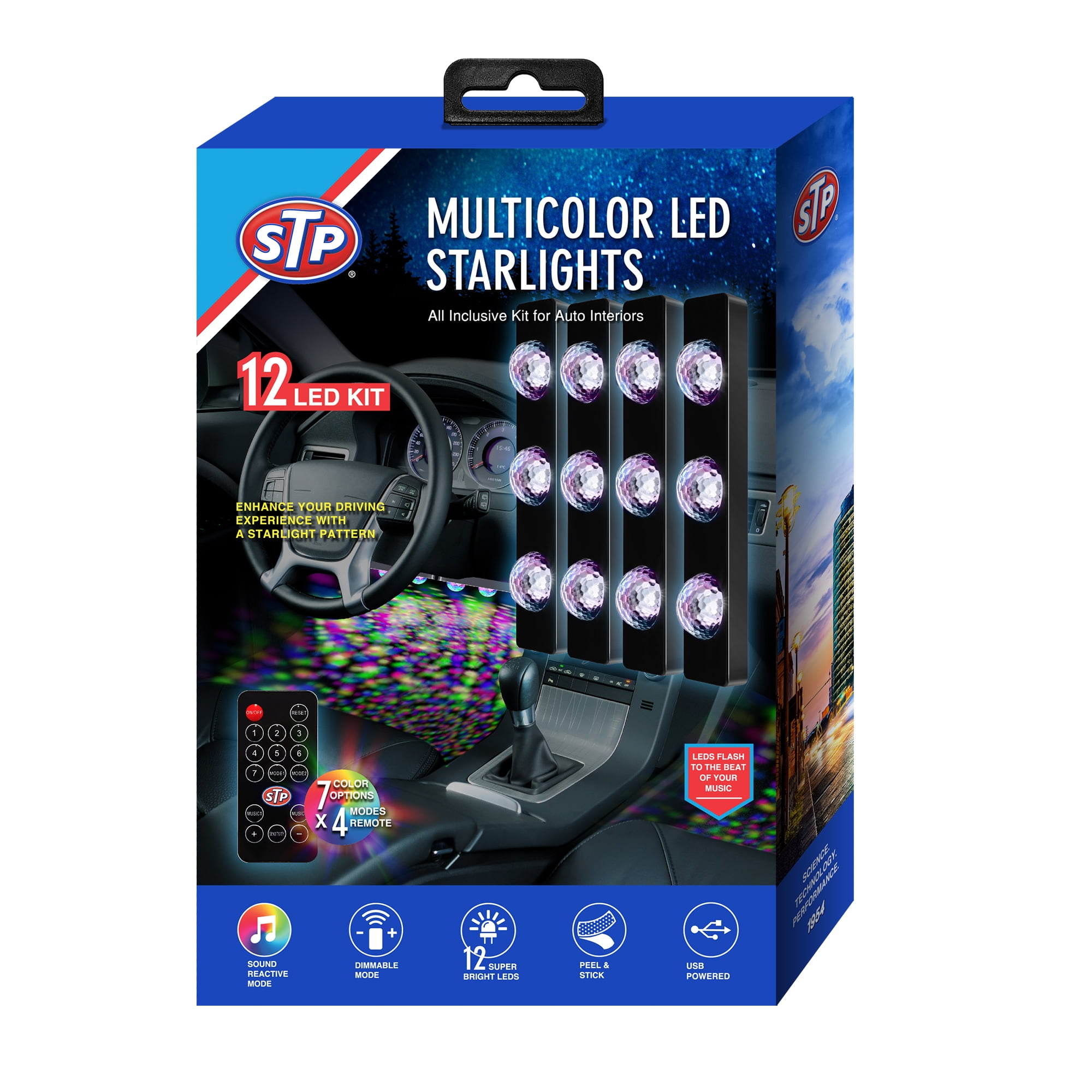 STP Multicolor Car Interior LED Starlight Kit, Customizable,  Sound-Reactive, 4-Pack